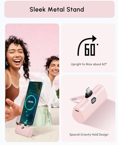 Lightweight Pink USB C Power Bank Portable Charger 5000mah with Kickstand for iPhone 17,Type-c Battery Pack Charger with Digital Display for iPhone 16/Samsung/Android phones, Pinky Gift for Her Phones - Image 4