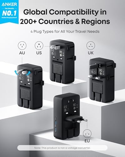 Anker Nano Travel Adapter, 5-Port Power Adapter with 1× 2-Pin AC, 2 USB A, 2 USB C for 20W, Smart Temperature Control, Works in 200+ Countries, Not a Voltage Converter, Travel Essentials (1-Pack) - Image 2