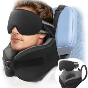 YFONG Travel Pillow for Long Flight Airplanes, Head Strap Combo with 3D Contoured Eye Mask for Sleep, Neck Pillow for Car Trip Essential, 360° Support Memory Foam Headrest, Prevent Head Bobbing, Black