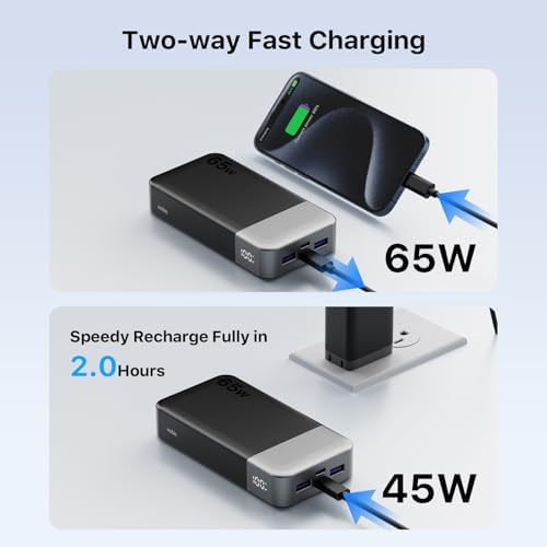 NOBIS 20000mAh Battery Pack Power Bank 65W Power Bank, Portable Charger with Digital Display, Dual USB-C/USB-A Fast Charging for Laptop, Phone, Tablet, Travel-Friendly External Battery Pack - Image 3