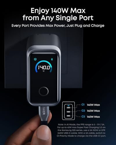 Anker Prime Charger,160W 3-Port Compact GaN USB C Charger Block,Smart Display and Touch Control,Up to 140W Single‑Port Charging,for MacBook Pro,Laptop,iPhone 17 Series(Cable Not Included,Non-Battery) - Image 4