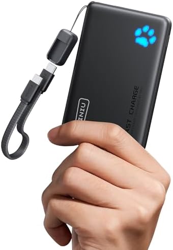 INIU Portable Charger, Ultra Slim 45W Fast Charging with Attached USB C Cable, Flight-Safe 10000mAh PD Power Bank Battery Pack, Travel Essential Phone Powerbank for iPhone 17 16 Samsung S25 Google etc