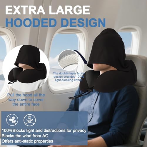 Travel Neck Pillow with 100% Light-Blocking Hood – Ergonomic Memory Foam Support Pillow for Airplane, Long Flights, Road Trips, Office and Car, Full Head and Neck Support with Skin-Friendly Cover - Image 2