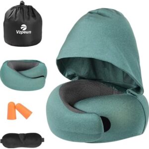 Travel Pillow - Hooded Neck Pillow Airplane Memory Foam Filling for Plane, Office, Cars Sleeping, Road Trip, Long Flights, Portable Plane Accessories, Includes Eye Mask & Earplugs (Green)