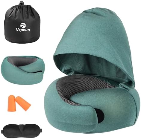 Travel Pillow - Hooded Neck Pillow Airplane Memory Foam Filling for Plane, Office, Cars Sleeping, Road Trip, Long Flights, Portable Plane Accessories, Includes Eye Mask & Earplugs (Green)