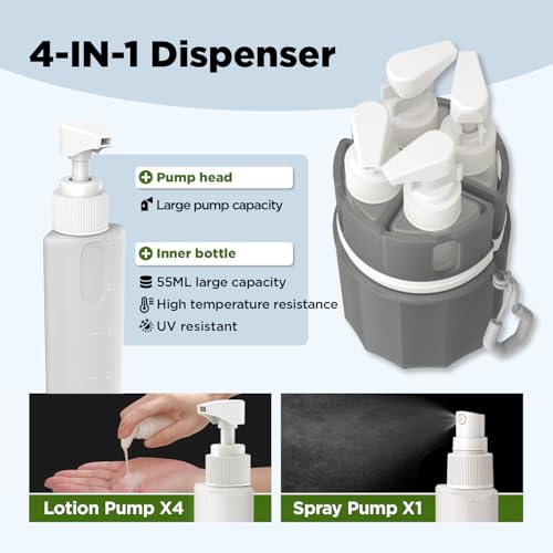 YOTIME 4 in 1 Travel Dispenser Bottle, Vacuum Silicone Suction Cup for Smooth Walls, TSA Approved Leak Proof Travel Size Containers for Toiletries, Shampoo, Body Wash and Conditioner, Gray - Image 5