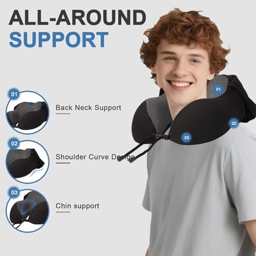 Travel Neck Pillow with 100% Light-Blocking Hood – Ergonomic Memory Foam Support Pillow for Airplane, Long Flights, Road Trips, Office and Car, Full Head and Neck Support with Skin-Friendly Cover - Image 4