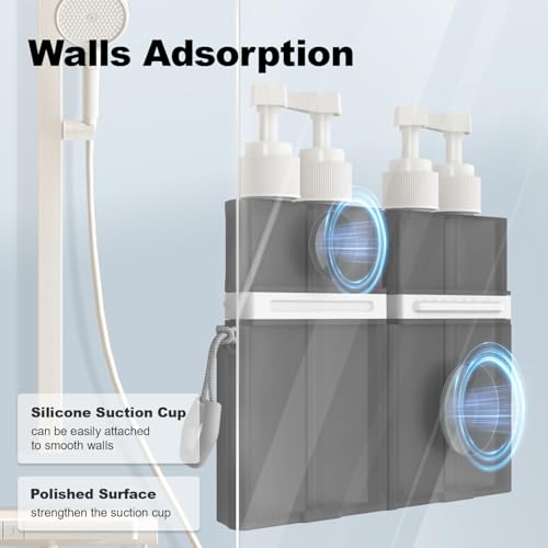 YOTIME 4 in 1 Travel Dispenser Bottle, Vacuum Silicone Suction Cup for Smooth Walls, TSA Approved Leak Proof Travel Size Containers for Toiletries, Shampoo, Body Wash and Conditioner, Gray - Image 2