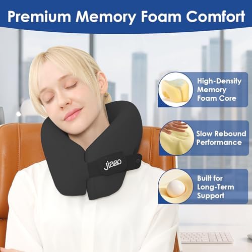 jiaao Travel Pillow Memory Foam Neck Pillow for Airplanes with Adjustable Neck Support, Includes Eye Mask, Earplugs & Storage Bag - Perfect for Flights, Road Trips, and Trains - Image 3