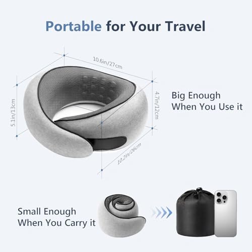 Travel Neck Pillow with 100% Pure Memory Foam, G-Shape, Includes Eye Mask & Ear Plugs, Ergonomic Design for Airplane, Car & Office, etc, Beige Gray - Image 7