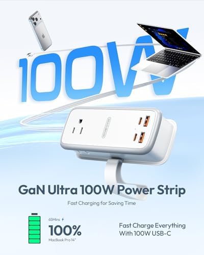 NTONPOWER 100W GAN Ultra Travel Power Strip, 7-in-1 USB C Charging Station with 3 Outlets 4 USB (2 Fast Charge)& 5ft Extension Cord, Compact Desktop Charger for MacBook, iPhone, Cruise, Office, White - Image 2