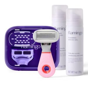 Flamingo Travel Razor Kit for Women – Body & Pubic Razor – Mini Handle, 2 Blade Refills, 2 Travel Size Foaming Shave Gels & Vented Case