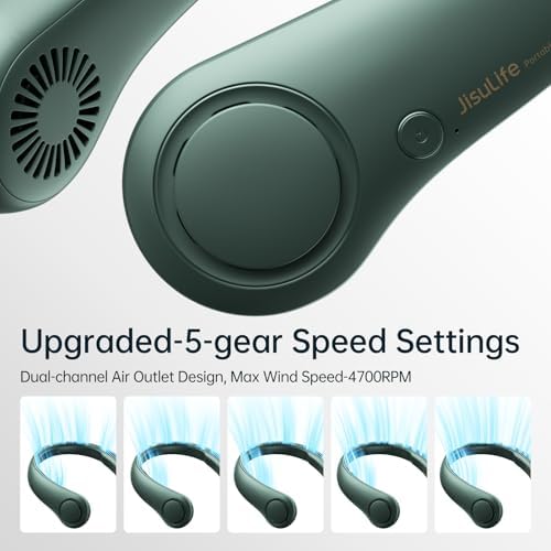 JISULIFE Portable Neck Fan, Hands Free Bladeless Fan, 5 Speeds, 4000 mAh Battery Operated Wearable Personal Fan, Twistable, Rechargeable, Gift for Women Men-Dark Green - Image 3
