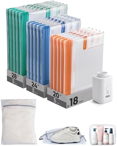 BAGSMART Vacuum Storage Bags for Travel with Rechargeable Air Pump, Portable Space Saver Bags for Travel & Home, Vacuum Compression Seal Bag for Clothing, Blanket, 18 Pack Multicolor