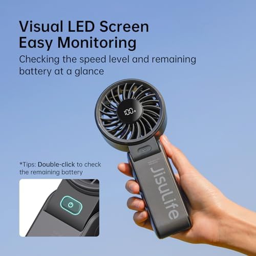 JISULIFE Handheld Fan Life7 – Ultimate Flexibility: High-Power Motor, LED Display, 19.5 Hrs Cooling, 5000mAh Rechargeable, 5-Speed, Foldable Design, 3-IN-1 Portable Fan for Travel Cruise Beach(Black) - Image 5