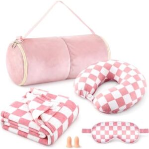 5 Pcs Travel Pillow and Blanket Set, 5 in 1 Travel Airplane Compact Includes 40 x 60 Inch Throw Blanket Eye Mask Neck Pillow Earplug and Bag Gifts for Travelers Women(Checkered,Pink)