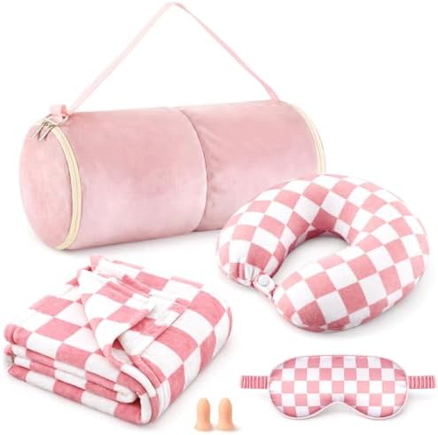 5 Pcs Travel Pillow and Blanket Set, 5 in 1 Travel Airplane Compact Includes 40 x 60 Inch Throw Blanket Eye Mask Neck Pillow Earplug and Bag Gifts for Travelers Women(Checkered,Pink)