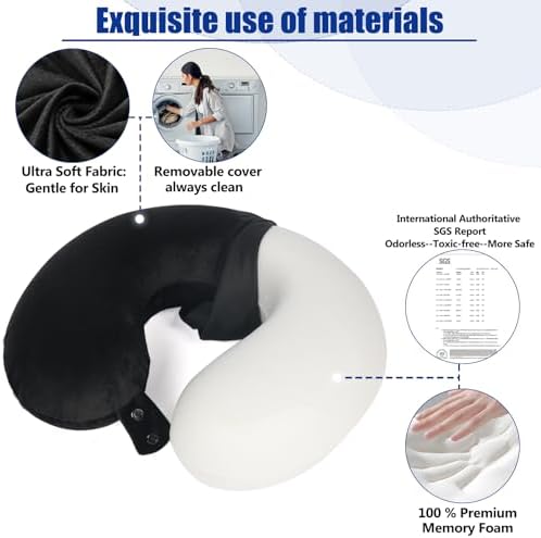 SAIREIDER Travel Pillow 100% Pure Memory Foam Travel Neck Pillow, Airplane Pillow for Traveling、Car、Home、Office,Washable Cover(Black) - Image 4