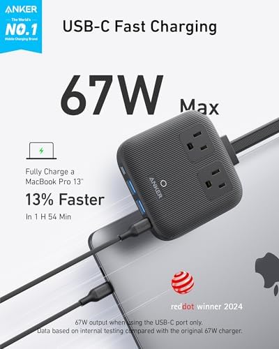 Anker Travel Power Strip, Anker Nano 67W Max 6-in-1 USB C Charger, 2 AC, 2 USB A and 2 USB C, 5ft Thin Undetachable Flat Plug Extension Cord with Multiple Outlets, Travel Essentials, Cruise Essentials - Image 2