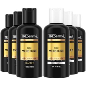 TRESemmé Travel Essentials, Rich Moisture Shampoo 3-Pack + Conditioner 3-Pack – Moisturizing Hair Care with Hyaluronic Acid, Paraben-Free, 3 Oz Ea