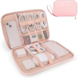 Electronics Organizer Travel Case, Charger Bag Cord Organizer Travel, Compact Tech Pouch Cable Organizer Bag for Charger, Cords, Phone, Headphones, Flash Drive, SD Card (Pink, Large-Single Layer)