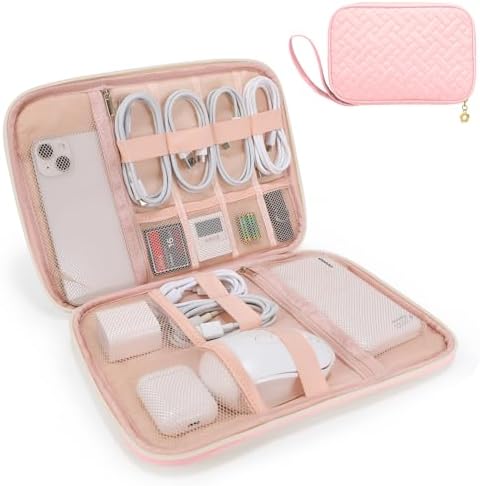 Electronics Organizer Travel Case, Charger Bag Cord Organizer Travel, Compact Tech Pouch Cable Organizer Bag for Charger, Cords, Phone, Headphones, Flash Drive, SD Card (Pink, Large-Single Layer)