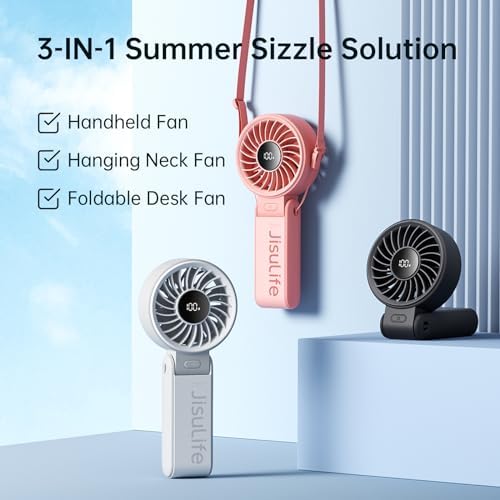 JISULIFE Handheld Fan Life7 – Ultimate Flexibility: High-Power Motor, LED Display, 19.5 Hrs Cooling, 5000mAh Rechargeable, 5-Speed, Foldable Design, 3-IN-1 Portable Fan for Travel Cruise Beach(Black) - Image 7
