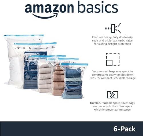 Amazon Basics Vacuum Storage Bags for Clothing, Multiple Sizes Compression Zipper Bags with Hand Pump for Space Saving and Travel, 6-Pack (2 Medium, 2 Large, 2 Jumbo), Transparent - Image 2