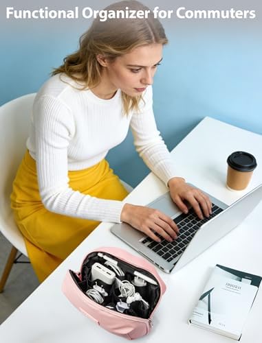 iMangoo Tech Organizer Travel Case 150° Open Large Storage Pouch Purse for Women Zipper Waterproof Bag Power Bank Portable Charger Cable Cord Electronics Accessories Trip Travel Essentials Bags Pink - Image 6