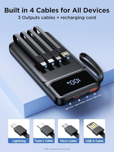 Power Bank, Portable Charger with Built in Cable 22.5W Fast Charging Battery Pack 10000mAh Slim 6 Outputs 3 Inputs LED Display Phone Charger for iPhone Samsung Pixel Moto iPad Travel Essential Gift - Image 2