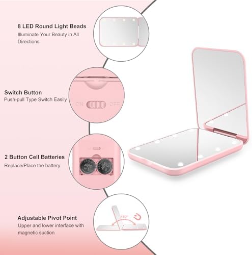 Compact Mirror, 1X/3X Magnification LED Pocket Mirror with Nternal BIattery, Mini Mirror for Purse, Pocket,Travel and Present (Pink) - Image 3