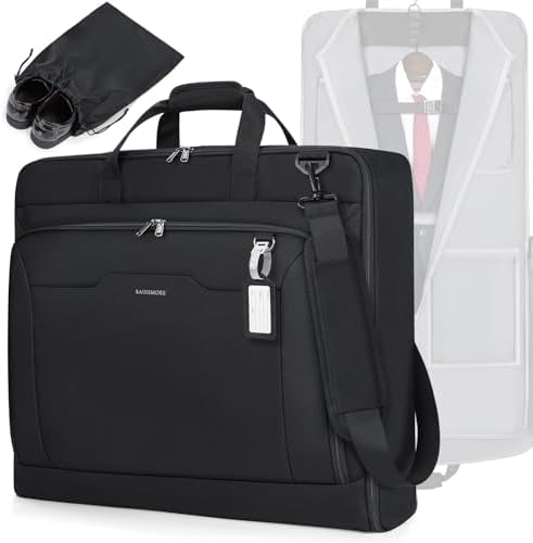 RAINSMORE Garment Bags for Travel Carry On Garment Bag for Hanging Clothes, Suit Bag for Business Trips with Shoes bag & Shoulder Strap, Waterproof Foldable Suit Luggage Bag for Men Women, Black