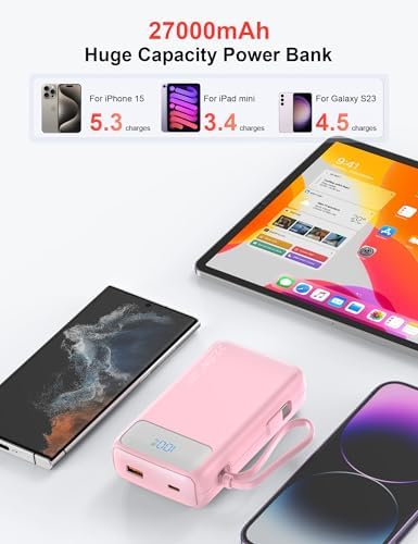 Portable Charger, 27000mAh 22.5W Fast Charging Power Bank with Built-in Cable, USB C Battery Pack with LED Display & Flash Light, Travel Essential External Battery Charger Bank for iPhone Samsung Pink - Image 2