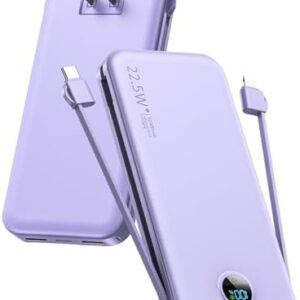 Portable Charger, 12000mAh 22.5W USB C Fast Charging Power Bank with Built-in Cables and AC Wall Plug, Smart LED Display Travel Essentials Battery Pack Compatible with iPhone, iPad, Samsung etc Purple