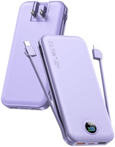 Portable Charger, 12000mAh 22.5W USB C Fast Charging Power Bank with Built-in Cables and AC Wall Plug, Smart LED Display Travel Essentials Battery Pack Compatible with iPhone, iPad, Samsung etc Purple
