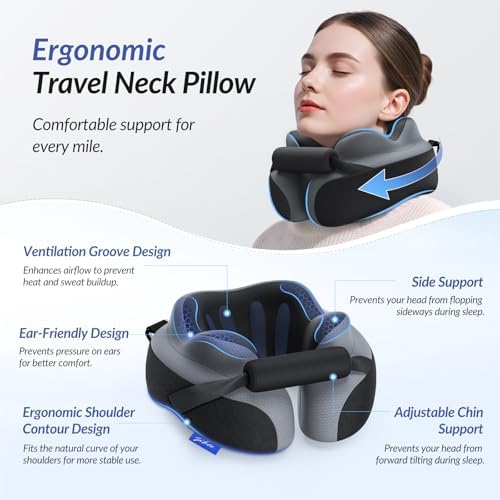 ZIKEE Ergonomic Travel Neck Pillow for Airplane, Dual-Hold Design to Stabilize Head and Neck on Flights, Ear-Free Memory Foam Airplane Travel Pillow, Quality Carrying Case, Breathable & Washable Cover - Image 2