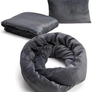 NAPRO 3‑in‑1 Travel Blanket Pillow Scarf – Convertible 50×80″ Blanket, 12×16″ Pillow, 80″ Infinity Neck Pillow – Lightweight, Plush – Gray