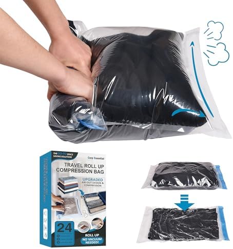 Cozy Essential Compression Bags for Travel - Travel Essentials - 24 Pack Space Saver Bags - No Vacuum Needed - Compression Packing Bags for Cruise Accessories