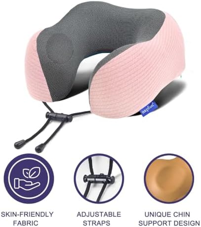 napfun Neck Pillow for Traveling, Upgraded Travel Neck Pillow for Airplane 100% Pure Memory Foam Travel Pillow for Flight Headrest Sleep, Portable Plane Accessories, Pink Striped Kit - Image 3