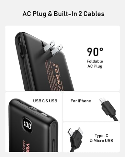 Portable Charger Power Bank Built in Cables and Wall Plug, 10000mAh iPhone Battery Pack Fast Charging, USB C External Slim Power Bank, Travel Essentials Compatible with iPhone 17 16 15 14 iPad, Black - Image 2