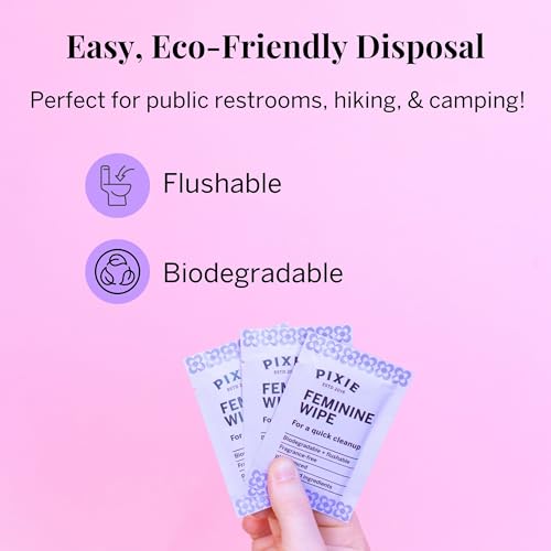 Pixie Feminine Wipes - Flushable, Biodegradable, & Ph Balanced - Individually Wrapped Packet Wipes for On The Go & Public Bathrooms - Wash & Cleaner For Your Menstrual Cups & Discs (1 Pack of 20) - Image 6