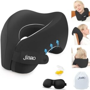 jiaao Neck Pillow Airplane, Memory Foam Travel Neck Pillows for Long Flight, 3D Eye Masks, Ear Plugs and Portable Drawstring Bag, Napping Pillow for Home, Road Trips, Sleep Rest and Travel Use