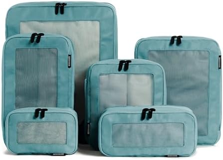 Aerotrunk Compression Packing Cubes for Travel - Luggage Organizer Bags - Double Zipper Packing Cubes for Suitcases (6-Pack, Teal)