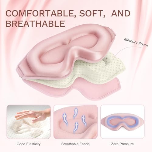 FlyCoco 99% Fully Block Out Light Eye Sleep Mask, 3D Deep Contoured Eyes Cover Zero Pressure, Long Lash Extension Eyes Mask with Adjustable Straps for Sleeping Travel Home Nap Rest Women Men (Pink) - Image 3