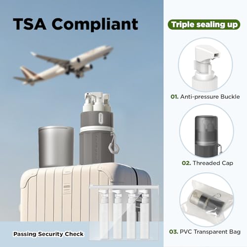 YOTIME 4 in 1 Travel Dispenser Bottle, Vacuum Silicone Suction Cup for Smooth Walls, TSA Approved Leak Proof Travel Size Containers for Toiletries, Shampoo, Body Wash and Conditioner, Gray - Image 3