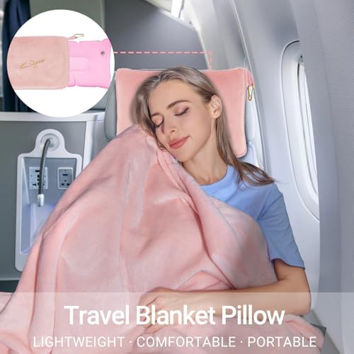Travel Blanket & Pillow Set, 300 GSM Soft Fleece, 60x43 Inches, 3-in-1 Airplane Blanket, Travel Pillow and Blanket Set, Travel Blanket Airplane Compact with Bag, Travel Essentials, Pink - Image 6