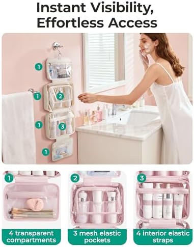 BAGSMART Travel Toiletry Bag for women, Portable Hanging Hook Makeup Bag Organizer, Waterproof Makeup Cosmetic Bag, for Full-Size Accessories, Toiletries, Camel - Image 3