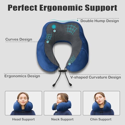 Travel Pillow, Memory Foam Neck Pillow for Traveling, U Shape Neck Pillow Airplane Portable Flight Pillow Travel Kit with 5D Contoured Eye Masks and Earplug for Plane Train Car Home Office - Blue - Image 4