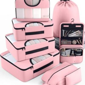 Veken 8 Set Packing Cubes for Travel Essentials, Pink Suitcase Organizer Bags in 4 Sizes, Carry-On Luggage Accessories with Large Laundry & Hanging Toiletry Bag, Must-Have for Airplane, Road Trip
