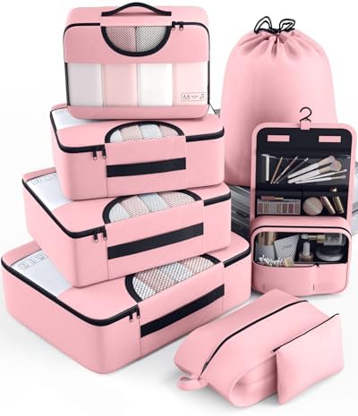 Veken 8 Set Packing Cubes for Travel Essentials, Pink Suitcase Organizer Bags in 4 Sizes, Carry-On Luggage Accessories with Large Laundry & Hanging Toiletry Bag, Must-Have for Airplane, Road Trip